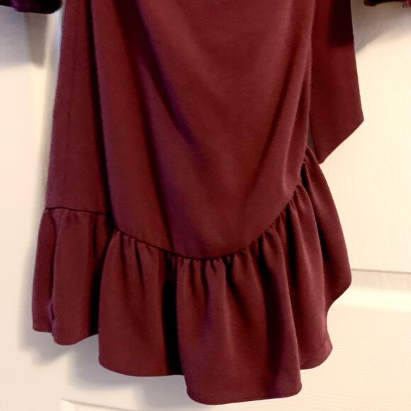 Drew Mai Drape Sleeve & Ruffle Mini Dress Small Women Burgundy Wine Tie Wrap - Picture 4 of 16